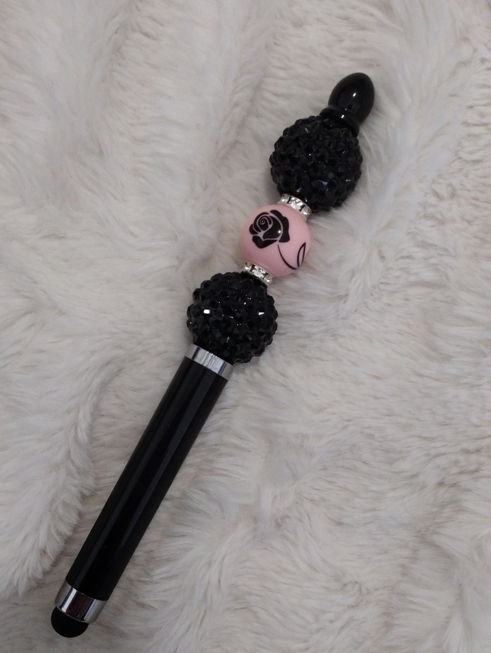 Black Crystal Beaded Stylus & Pen with Pink Rose Accent